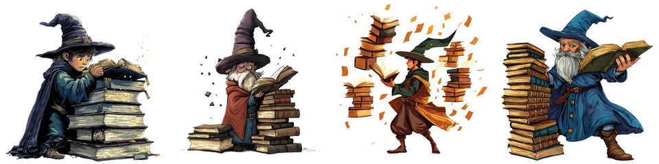Obraz premium Wizards engaging in magical library activities at twilight, surrounded by towering stacks of ancient tomes