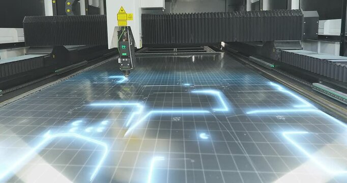 Large laser cutter at the factory, smart factory concept. Visualization of a metal part on a laser cutter mashine, close-up. Smart industry