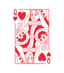 Queen, woman character, Hearts suit playing card, Design № 2. Vintage classic design, isolated on white, editable stroke line, vector illustration.	