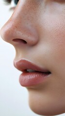 42. A close-up of a face with a pronounced nose bridge and smooth features, soft bone structure visible, white background