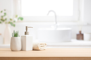 Fototapeta premium Elegant hygiene composition on wooden table with copy space in blurred bathroom interior