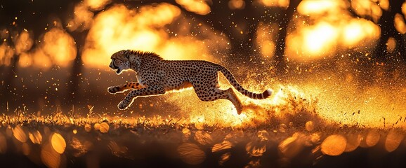 Fototapeta premium Cheetah sprinting sunset savanna, fiery bokeh background, wildlife photography