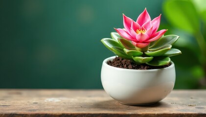 Fototapeta premium Small pink bromeliad plant in a unique white ceramic pot, greenery, pink, flowers