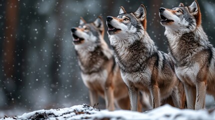 Obraz premium Three wolves howling in the snow