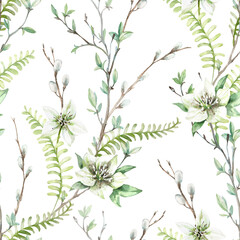 Watercolor seamless pattern with spring branches, leaves, fern, willow and hellebore flowers. Green ornament is hand-drawn and isolated on white background. For design, fabrics, textiles, wallpapers