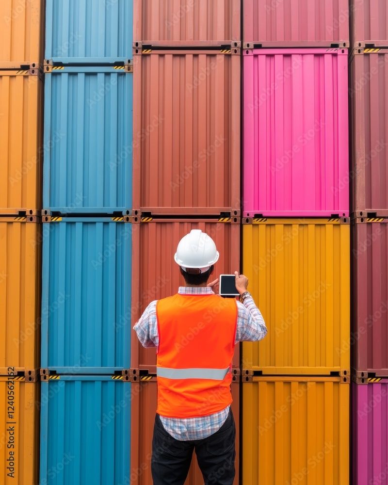 Aufkleber dynamic port operations south asian male worker in vibrant safety gear with tablet at colorful conta
