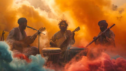 This Three musicians play as vibrant powders fill the air during Holi celebrations.