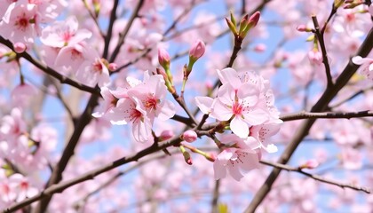 Obraz premium Soft pink cherry blossoms in full bloom against a bright blue sky. Delicate petals capture the beauty of spring and renewal. Ideal for nature, floral, and seasonal themes.