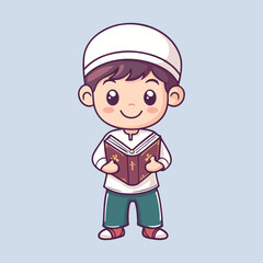Cartoon Cute Moslem Boy hand Holding Holy Quran vector illustration 