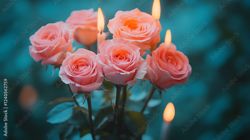 Poster a serene arrangement of pink roses surrounded by soft candlelight, creating a tranquil and romantic 