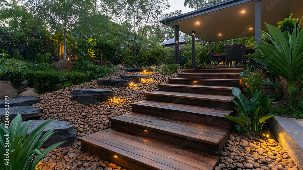 Poster a serene garden pathway featuring wooden steps, illuminated by soft lights, bordered by stones and l