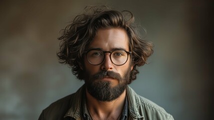 Obraz premium A man with curly hair and glasses against a blurred background