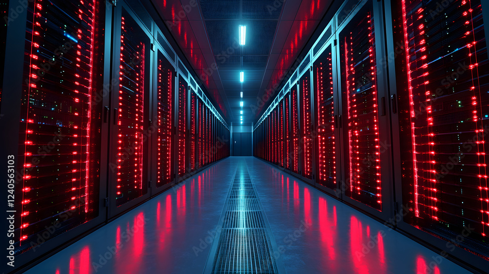 Poster A dark server room illuminated by red lights, featuring rows of servers aligned neatly, creating a futuristic and high-tech atmosphere
