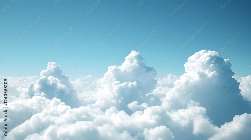Poster a serene view of fluffy white clouds against a clear blue sky, creating a tranquil and uplifting atm