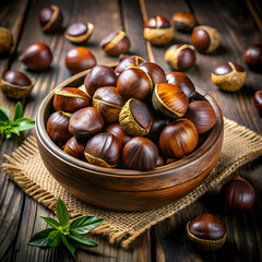 Obraz premium A bowl full of roasted chestnuts on a rustic wooden table.
