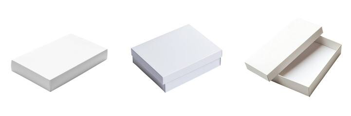 Various white box designs for packaging and storage purposes in a clean presentation