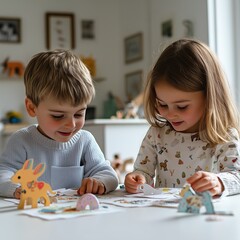 kids are making together card for easter, handcraft, in a big light studio , white interior