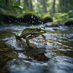 Obraz premium Frog Leaping Over a Stream. Frog in water. 