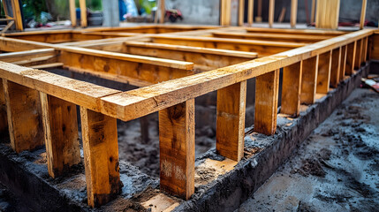 A close-up of a wooden frame structure under construction, showcasing the foundational support and craftsmanship involved in building