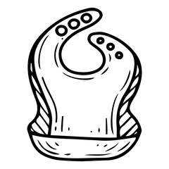 Bib with pocket for baby. Hand drawn doodle. Breastplate. Feeding little child. Childhood. Vector line art illustration.