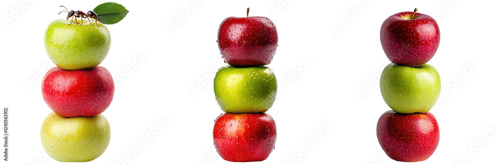 Poster stacked apples demonstrating variety and freshness in a vibrant, balanced arrangement with an ant on