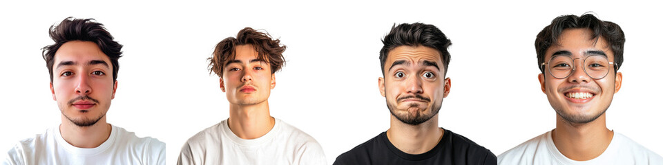 Fototapeta premium Different facial expressions displayed by young men in casual clothing on a white background capturing various moods and emotions
