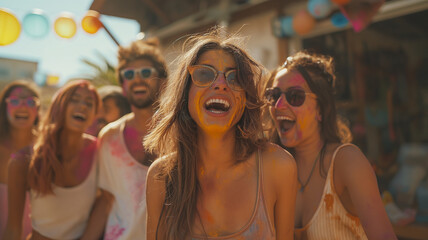 This Friends joyfully celebrate Holi, covered in colors, laughing in a vibrant, festive atmosphere.