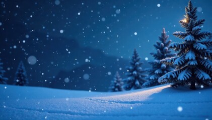 Obraz premium Snowflakes gently falling on a serene winter landscape, landscape, night