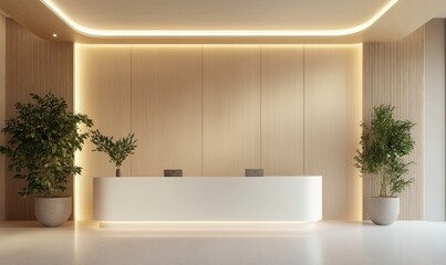 Fototapeta premium Modern Minimalist Reception Desk Design: Serene Office Lobby Interior