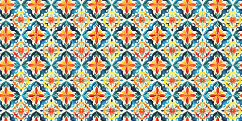 Colorful geometric floral pattern with symmetrical design in vibrant hues