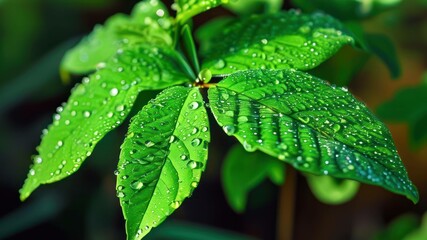 Close up of dew covered green leaves, showcasing nature's freshness