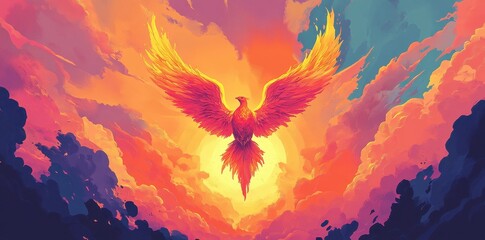 Fiery Phoenix Soaring Through Sunset Cloudscape