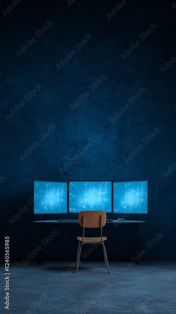 Aufkleber Minimalist Cybersecurity Workspace Triple Blue Screen Monitors on Concrete - Cutting-Edge Data Protection for Tech-Savvy Business Operations