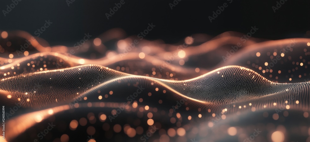 Poster abstract digital landscape with flowing waves and glowing particles, showcasing intricate textures a