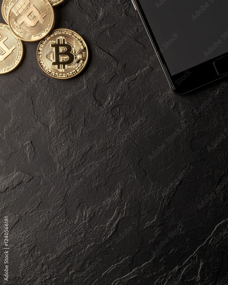 Poster sleek cryptocurrency setup black laptop and smartphone with gold coins on textured matte surface - f