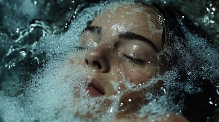 A peaceful shot of a European woman shampooing her hair, with water cascading down, and space for a hair care brand