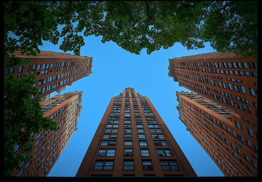 Fototapeta Blue skies and tall buildings seen from below, wide-angle, low-angle perspective, skyscrapers, business district, cityscape, urban architecture, blue sky, office building, corporate skyline, skyscrape