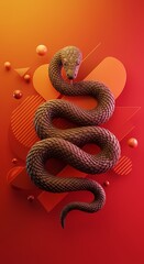 Obraz premium Striking 3D Render of a Brown Snake Coiled on an Abstract Red and Orange Geometric Background