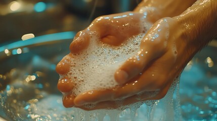 Fototapeta premium A peaceful shot of an Asian man washing his hands under warm water, with soap bubbles visible, leaving room for ad text