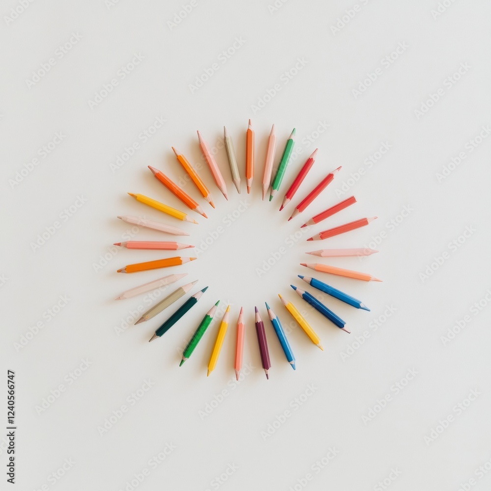 Poster contemporary academic aesthetics circular array of vibrant pencils on white background - boost creat