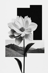 Minimalist collage featuring a blooming flower set against a desert landscape