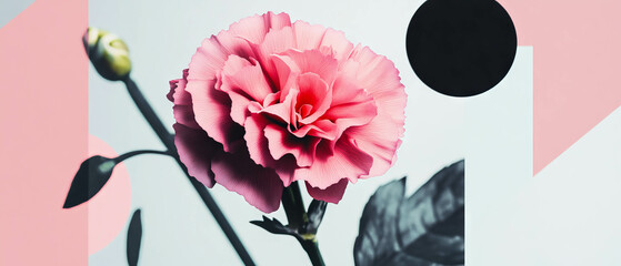 Minimalist collage featuring pink carnation and geometric shapes on white background