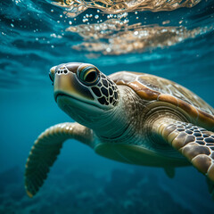 Fototapeta premium Closeup of a green sea turtle swimming underwater under the lights