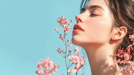 Fototapeta premium A serene image of a European woman applying a gentle facial scrub, with space for a beauty brand slogan