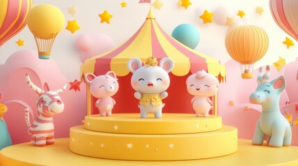 Obraz premium Adorable Animal Circus Show: A Whimsical 3D Render of Cute Cartoon Animals Performing on a Stage Underneath a Big Top Tent with Hot Air Balloons and Stars.