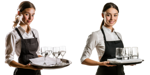 Young waitstaff carrying trays with glasses and menus in a professional setting during an event