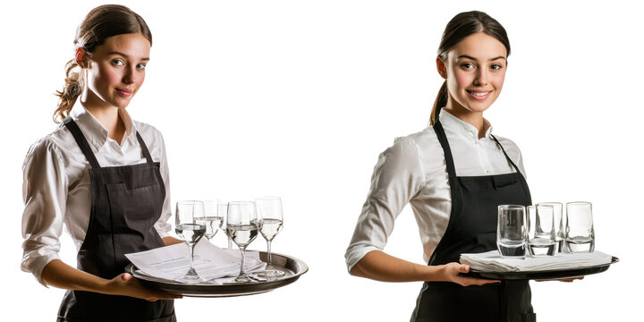 Young waitstaff carrying trays with glasses and menus in a professional setting during an event - Powered by Adobe