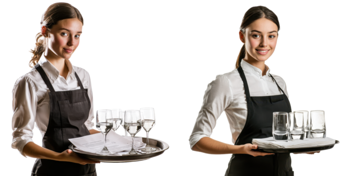 Young waitstaff carrying trays with glasses and menus in a professional setting during an event