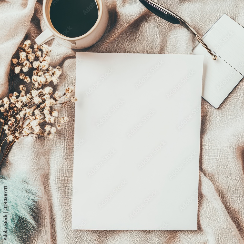 Poster blank paper on a textured background with a cup of coffee and decorative items for creative ideas in