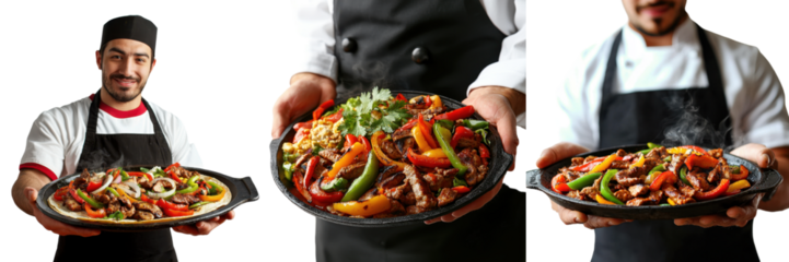 Chef presents sizzling fajitas with colorful vegetables at a restaurant during a busy dinner service